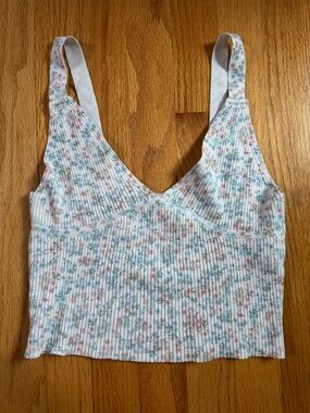 Zara White Ribbed V-Neck Camisole with Pink & Blue Floral Print